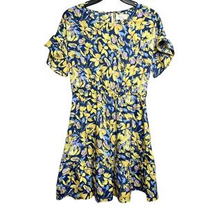 Melloday Floral Print Dress Ruffle Sleeve Navy Blue Yellow XS